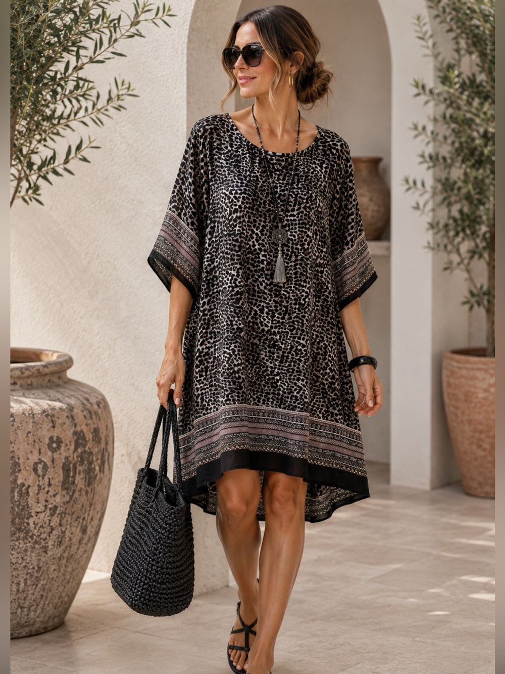 MASAI Copenhagen Leopard High Low Tunic Dress L Black Grey Lagenlook